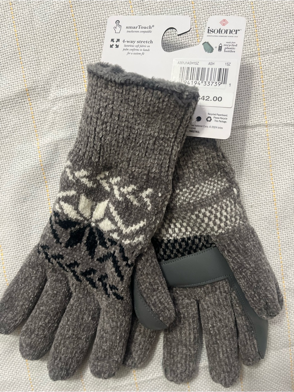 Isotoner Women’s Gray Fair Isle Touchscreen Gloves - Picture 2 of 3